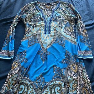 Hale Bob Blue and Gold Long Sleeve Dress
